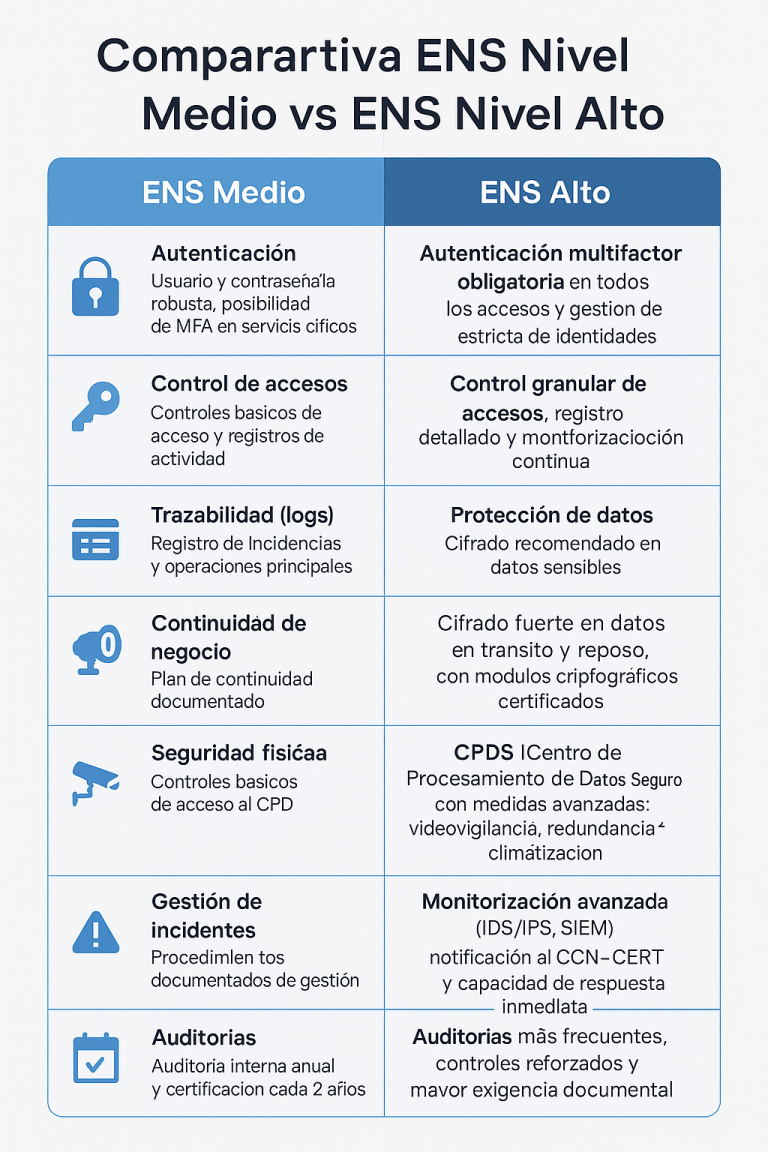 tabla comparativa Comparativa de medidas de seguridad entre ENS Nivel Medio y Nivel Alto.