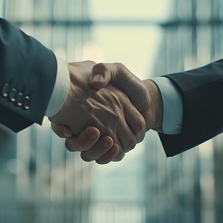 Un apretón de manos entre dos personas en un entorno empresarial.